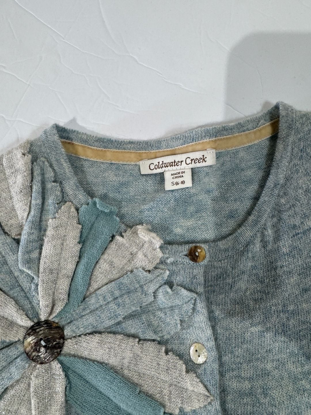 Coldwater Creek Blue Wool Blend Floral Applique Cardigan Size S (6-8) 8