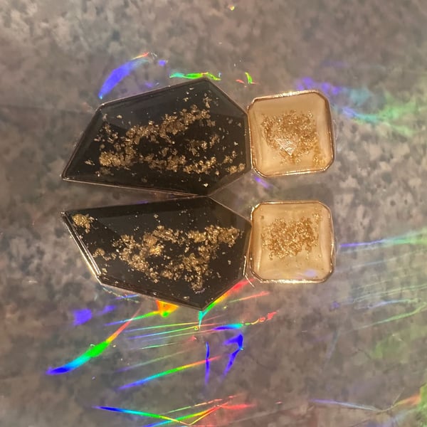 Gold-Tone Geometric Drop Earrings with Black and White Resin and Gold Flake Detail