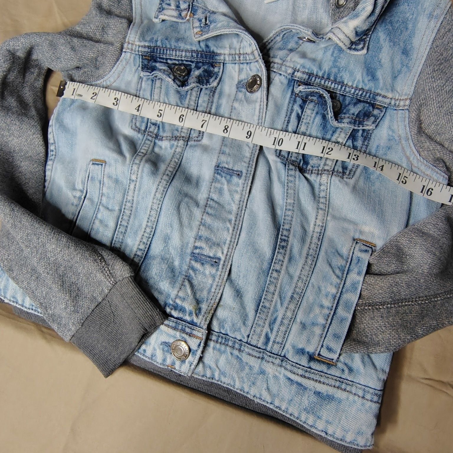 American Eagle Outfitters Distressed Denim Jacket with Hood and Knit Sleeves, size S 12