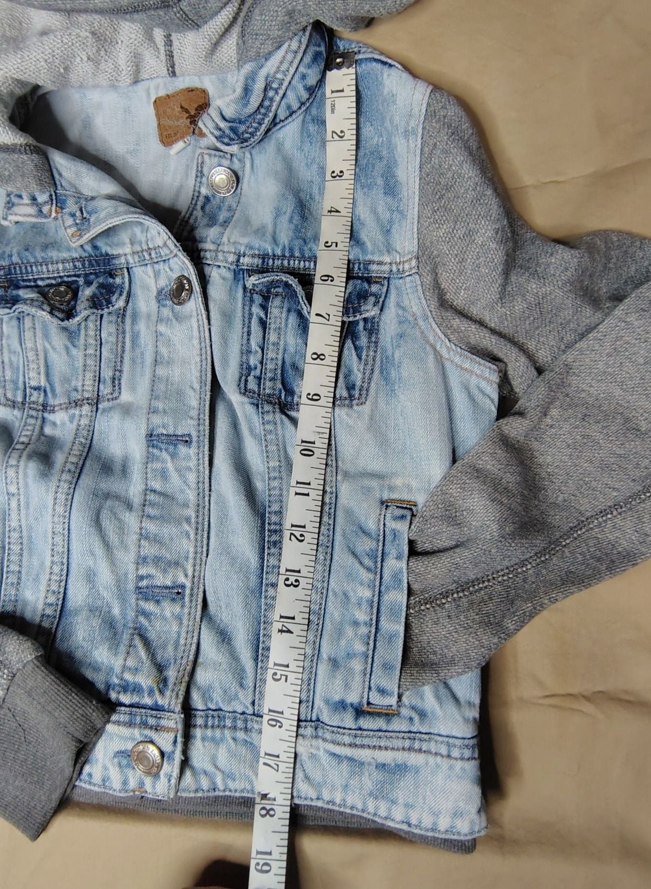 American Eagle Outfitters Distressed Denim Jacket with Hood and Knit Sleeves, size S 13