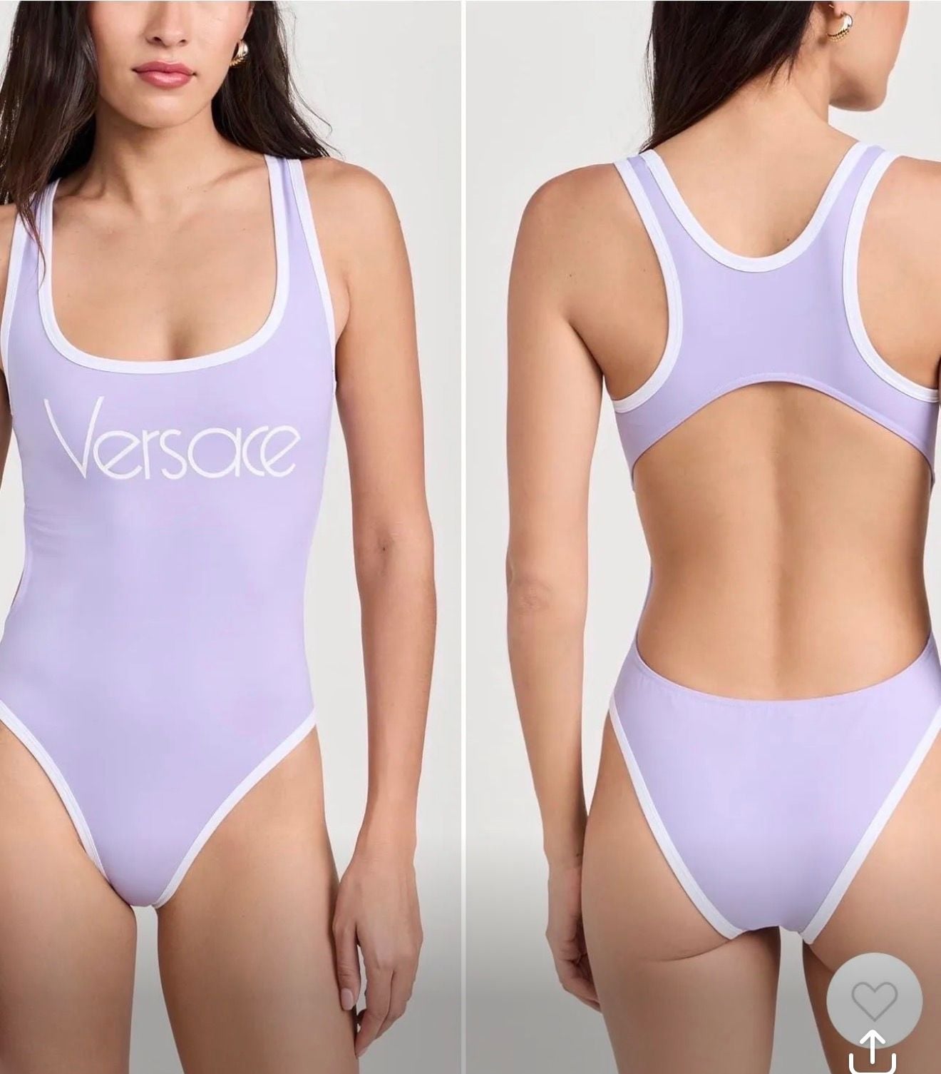 Versace Logo Print Racerback One-Piece Swimsuit in Lilac 1