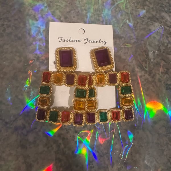 Fashion Jewelry Gold Tone Multi-Color Gemstone Statement Earrings