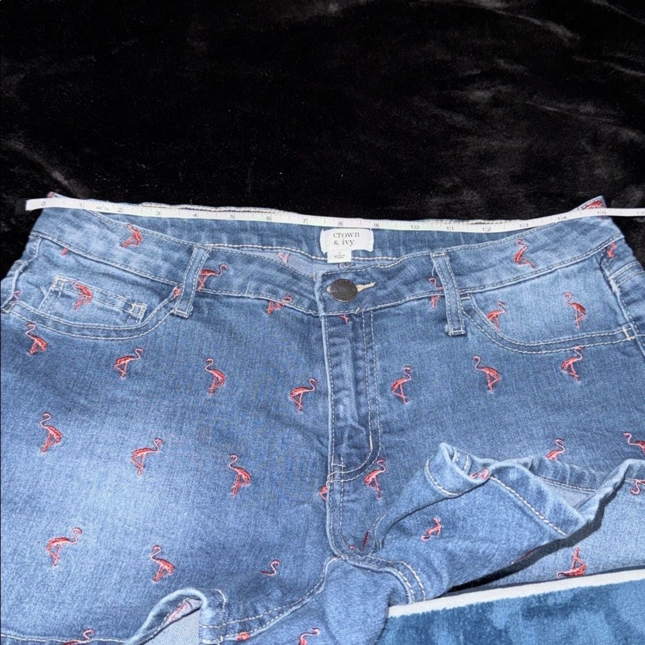 Crown & Ivy Flamingo Embroidered Denim Shorts Size 2 7