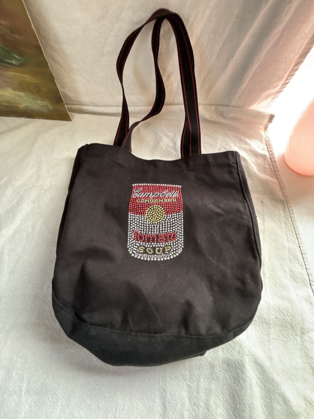 Campbell's Tomato Soup Rhinestone Embellished Black Canvas Tote Bag 2