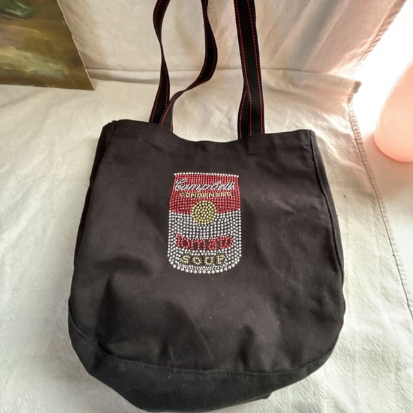 Campbell's Tomato Soup Rhinestone Embellished Black Canvas Tote Bag