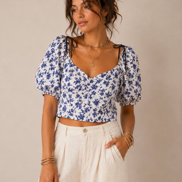 Forever 21 Blue and White Floral Puff Sleeve Crop Top
