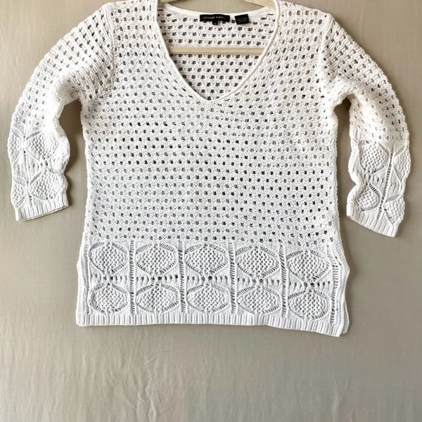 100% Cotton Jeanne Pierre Women's White Crochet Knit V-Neck Sweater Size M