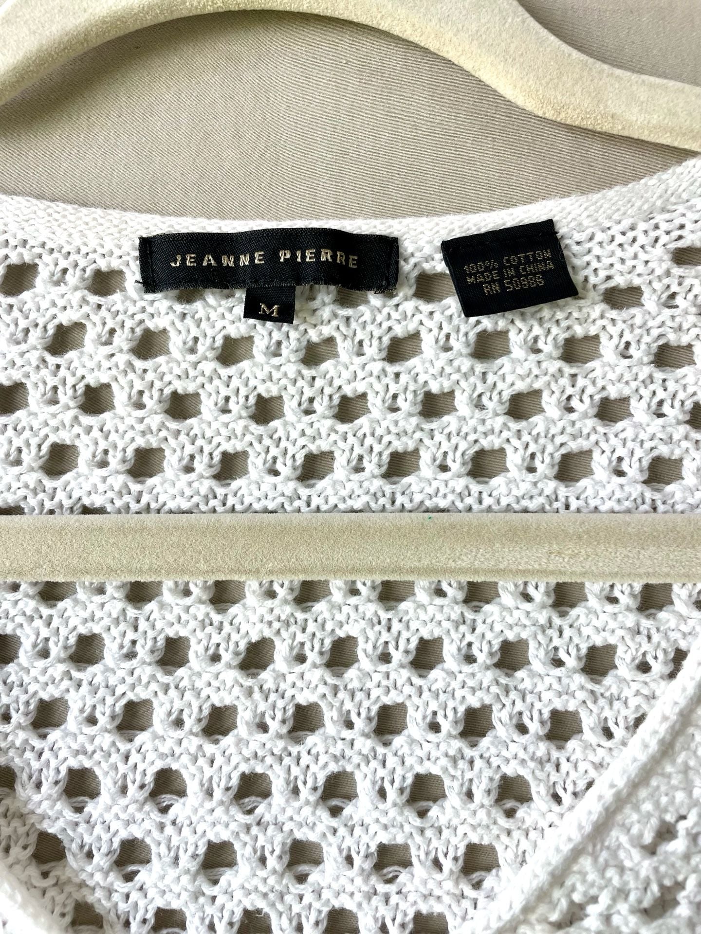 100% Cotton Jeanne Pierre Women's White Crochet Knit V-Neck Sweater Size M 7