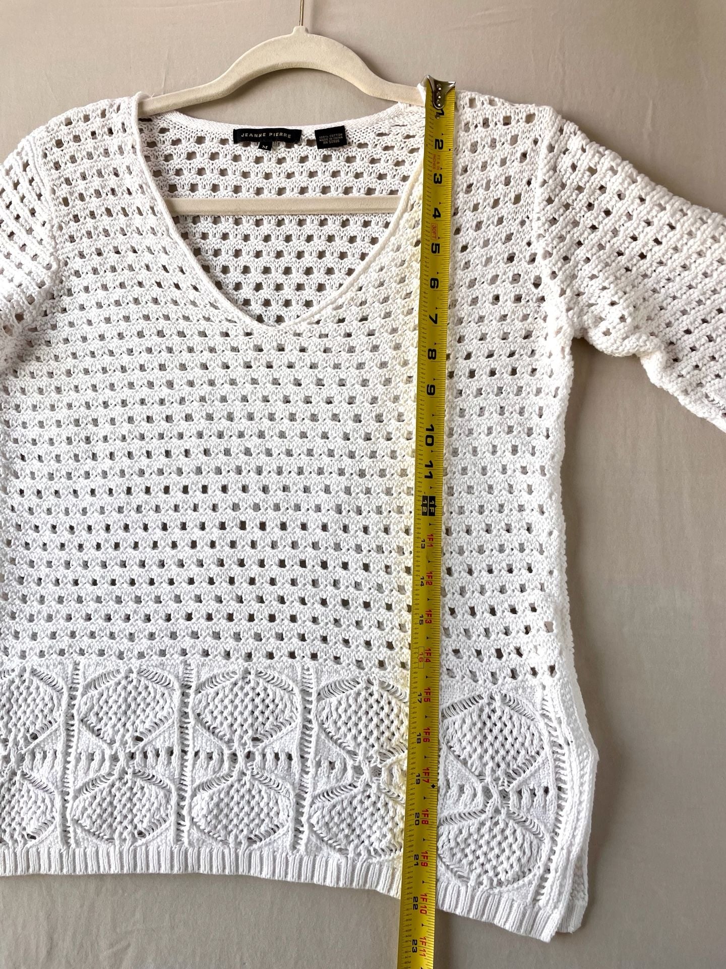 100% Cotton Jeanne Pierre Women's White Crochet Knit V-Neck Sweater Size M 13