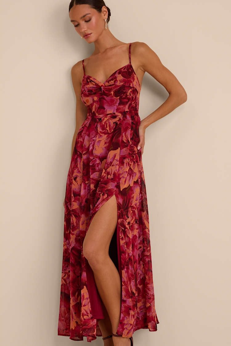Burgundy Maxi Dress - Floral Print Dress - Twist-Front Dress - M 1