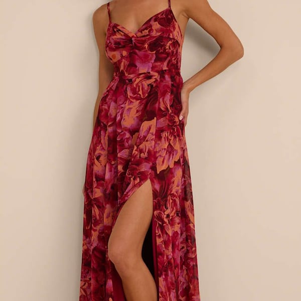 Burgundy Maxi Dress - Floral Print Dress - Twist-Front Dress - M