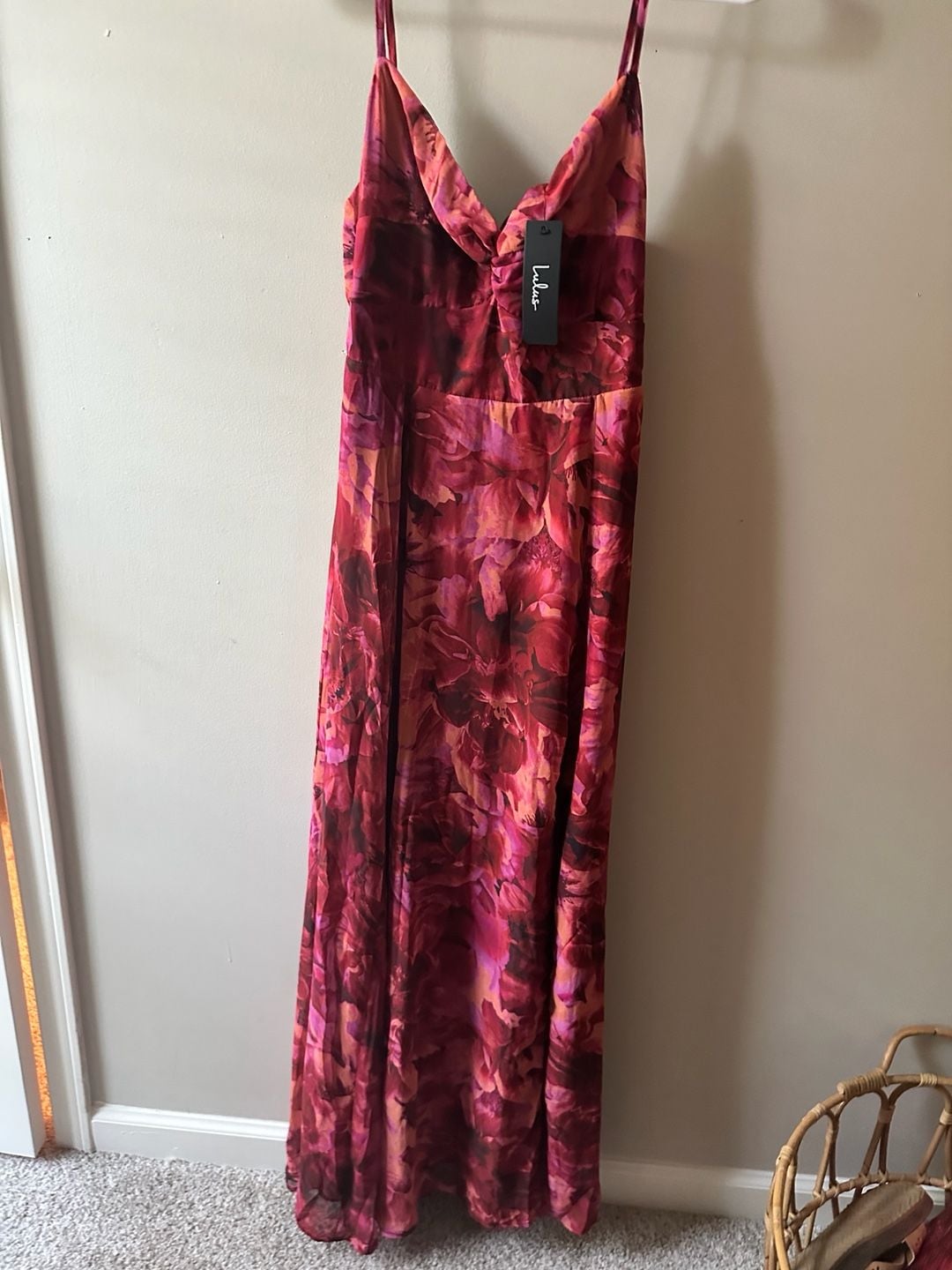 Burgundy Maxi Dress - Floral Print Dress - Twist-Front Dress - M 2