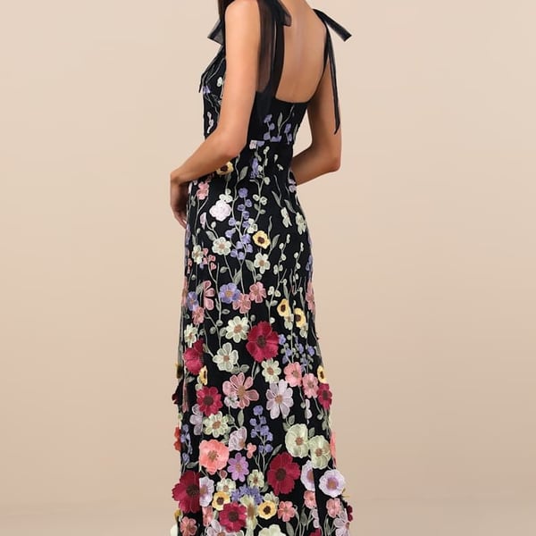 3D Floral Applique Dress - Black Floral Dress - Tie-Strap Dress - L