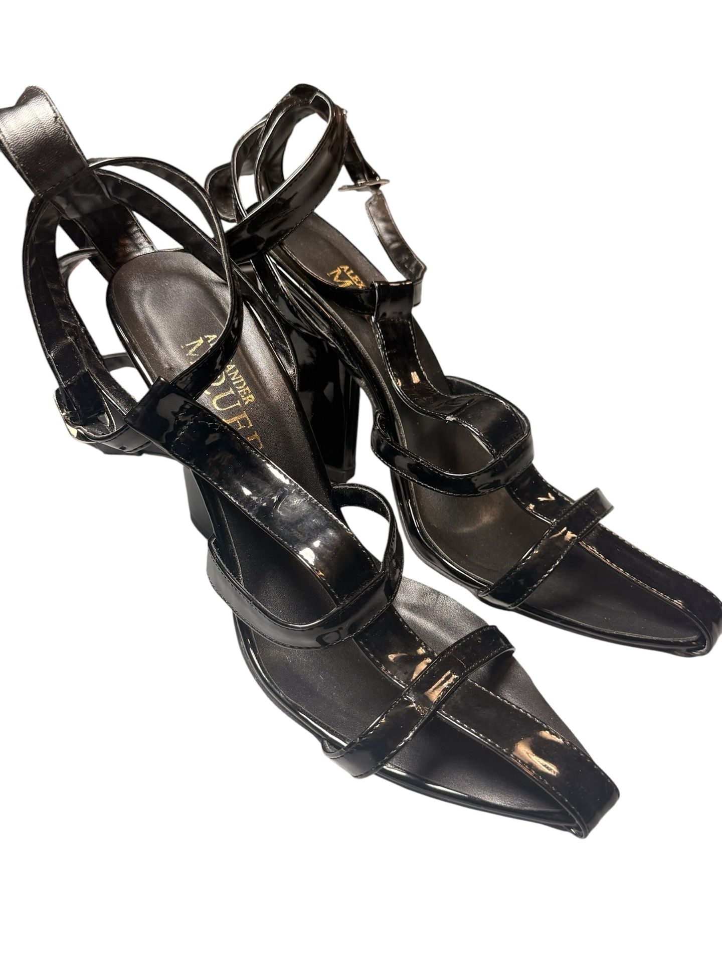Alexander McQueen Black Patent Leather Ankle Strap Block Heel Sandals Size 39 3