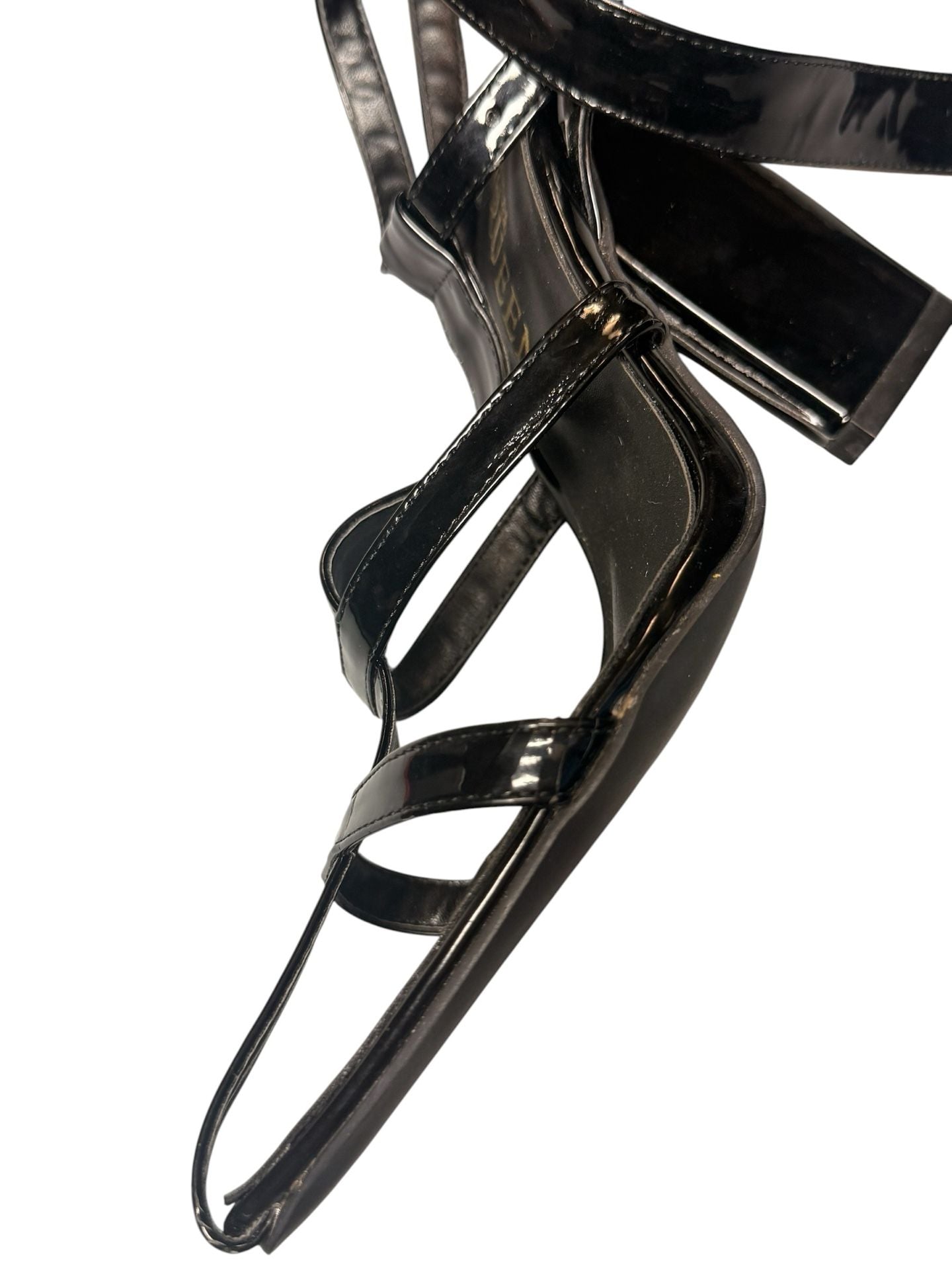 Alexander McQueen Black Patent Leather Ankle Strap Block Heel Sandals Size 39 9