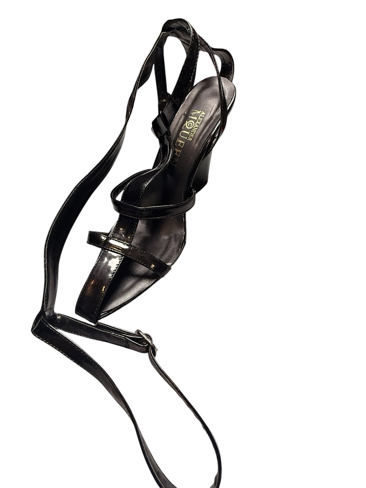 Alexander McQueen Black Patent Leather Ankle Strap Block Heel Sandals Size 39 17