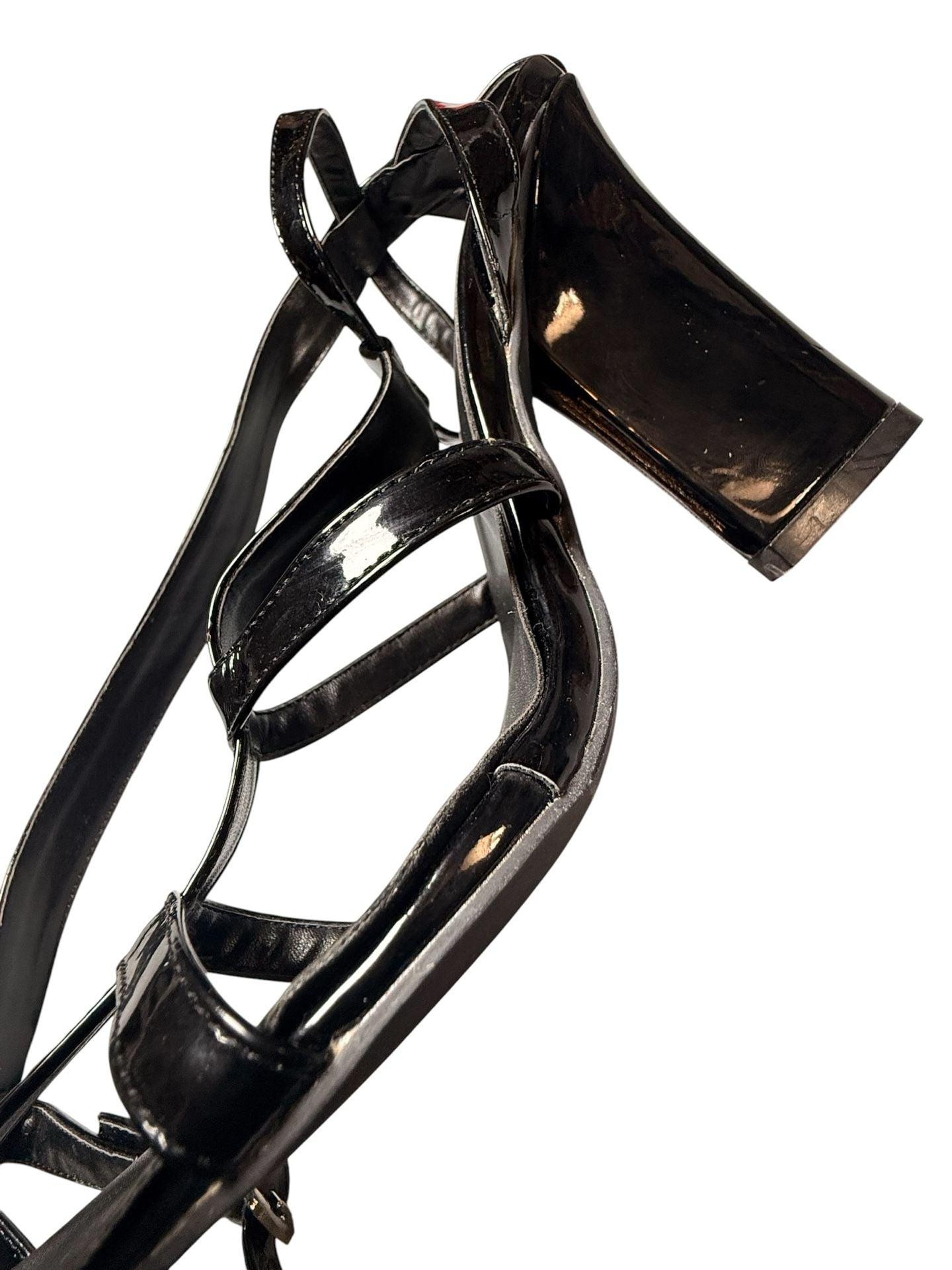 Alexander McQueen Black Patent Leather Ankle Strap Block Heel Sandals Size 39 19