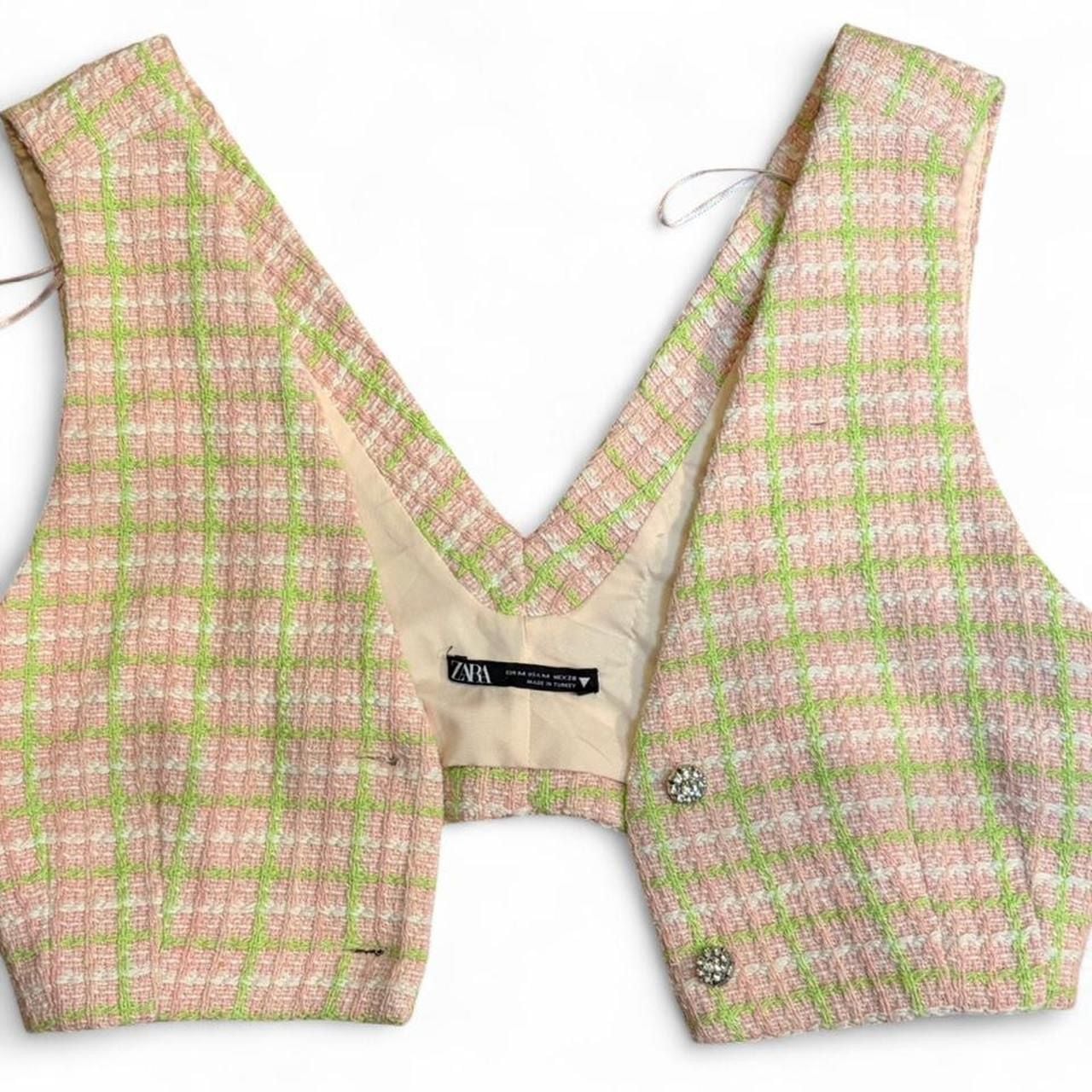 Zara Pink and Green Tweed Cropped Vest Size M 4