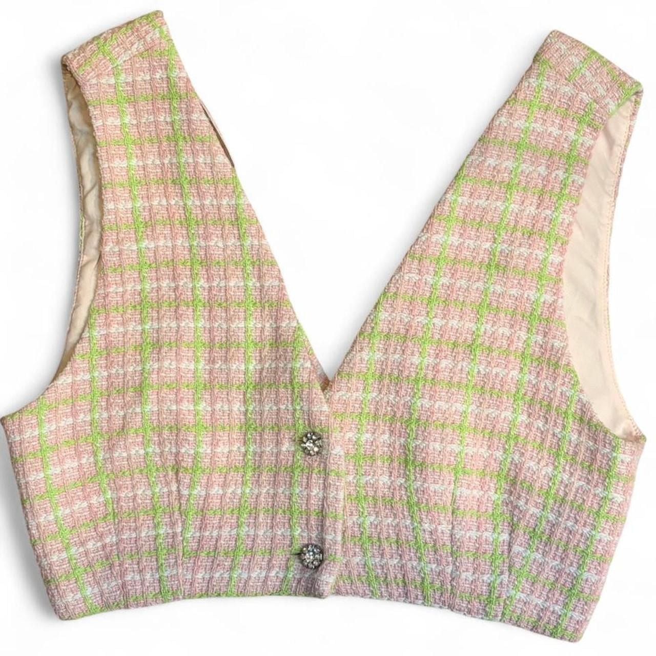 Zara Pink and Green Tweed Cropped Vest Size M 2
