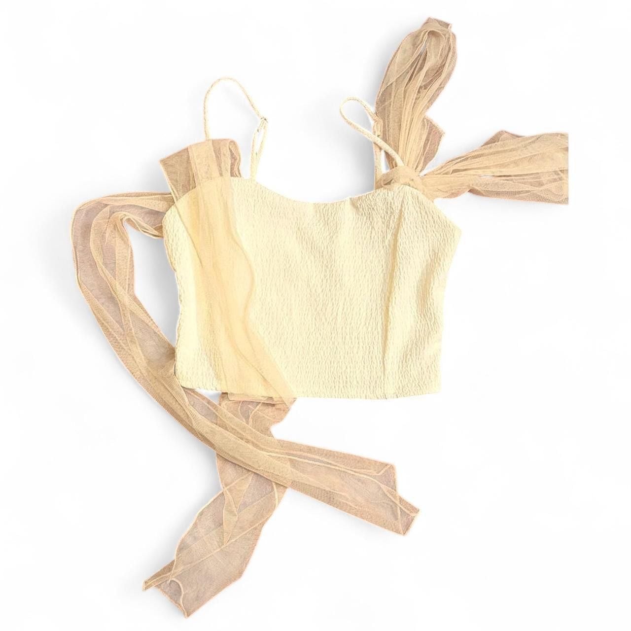 Altar'd State Cream Crinkle Mesh Tie Strap Crop Top Size XS 3