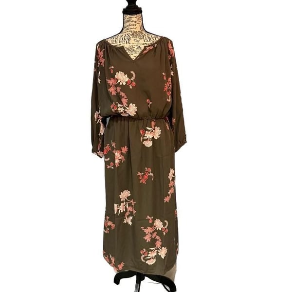 NWT Fraiche by J Yoko Blouson Dress Large Floral Midi Dress Long Sleeve Pockets
