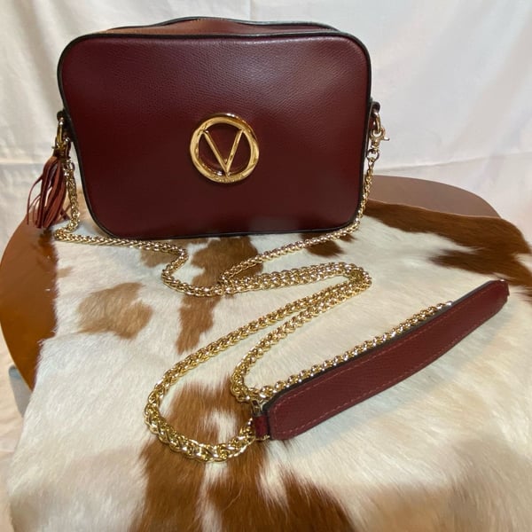 Mario Valentino Burgundy Camera Crossbody Bag with Gold Chain