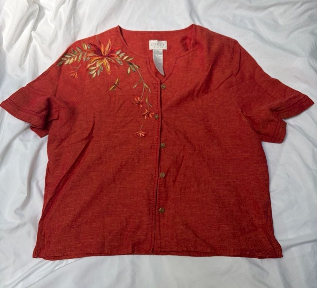 Koret Petites Size M Red Linen Blend Embroidered Floral Button Down Shirt 2