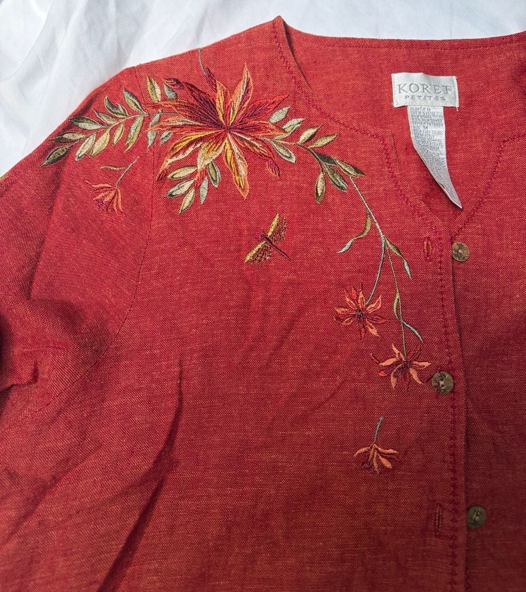 Koret Petites Size M Red Linen Blend Embroidered Floral Button Down Shirt 4