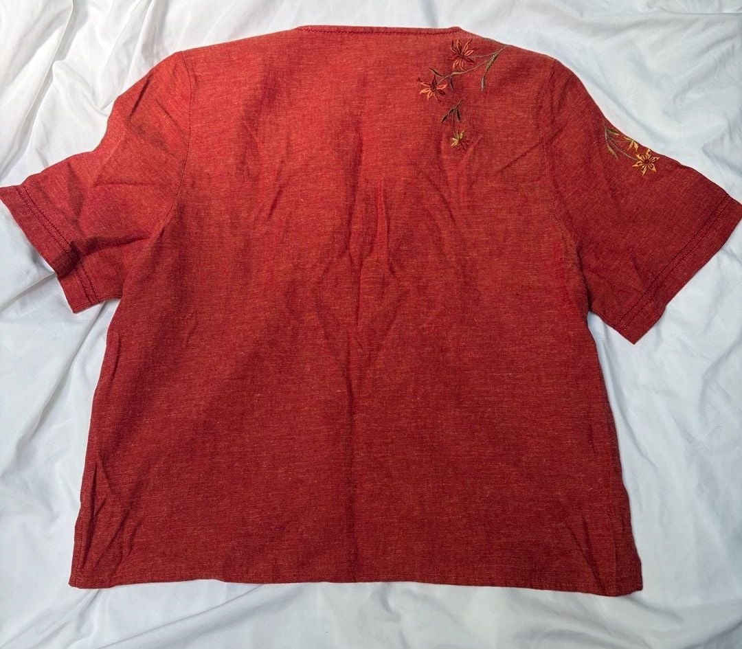 Koret Petites Size M Red Linen Blend Embroidered Floral Button Down Shirt 5