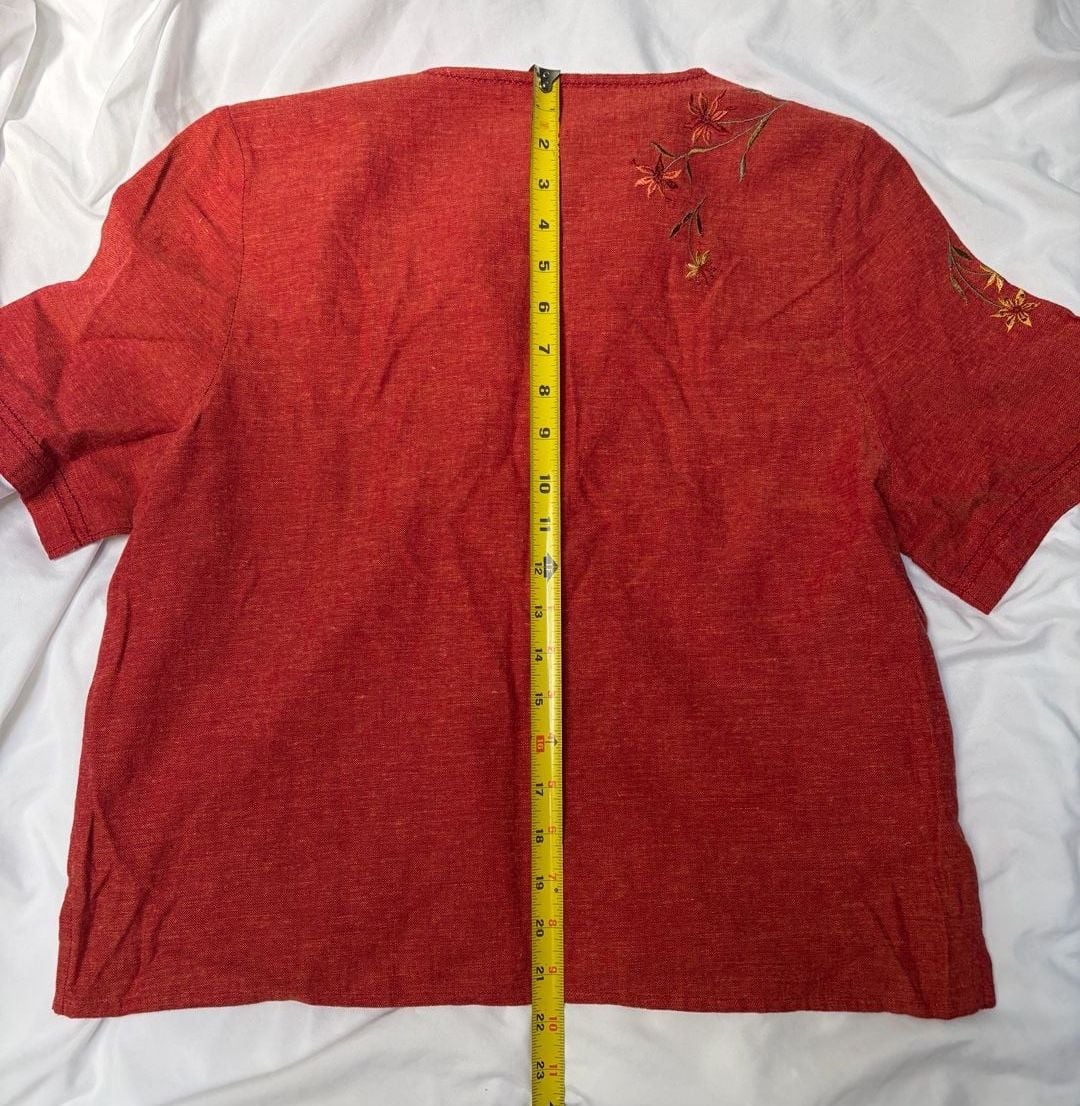 Koret Petites Size M Red Linen Blend Embroidered Floral Button Down Shirt 7