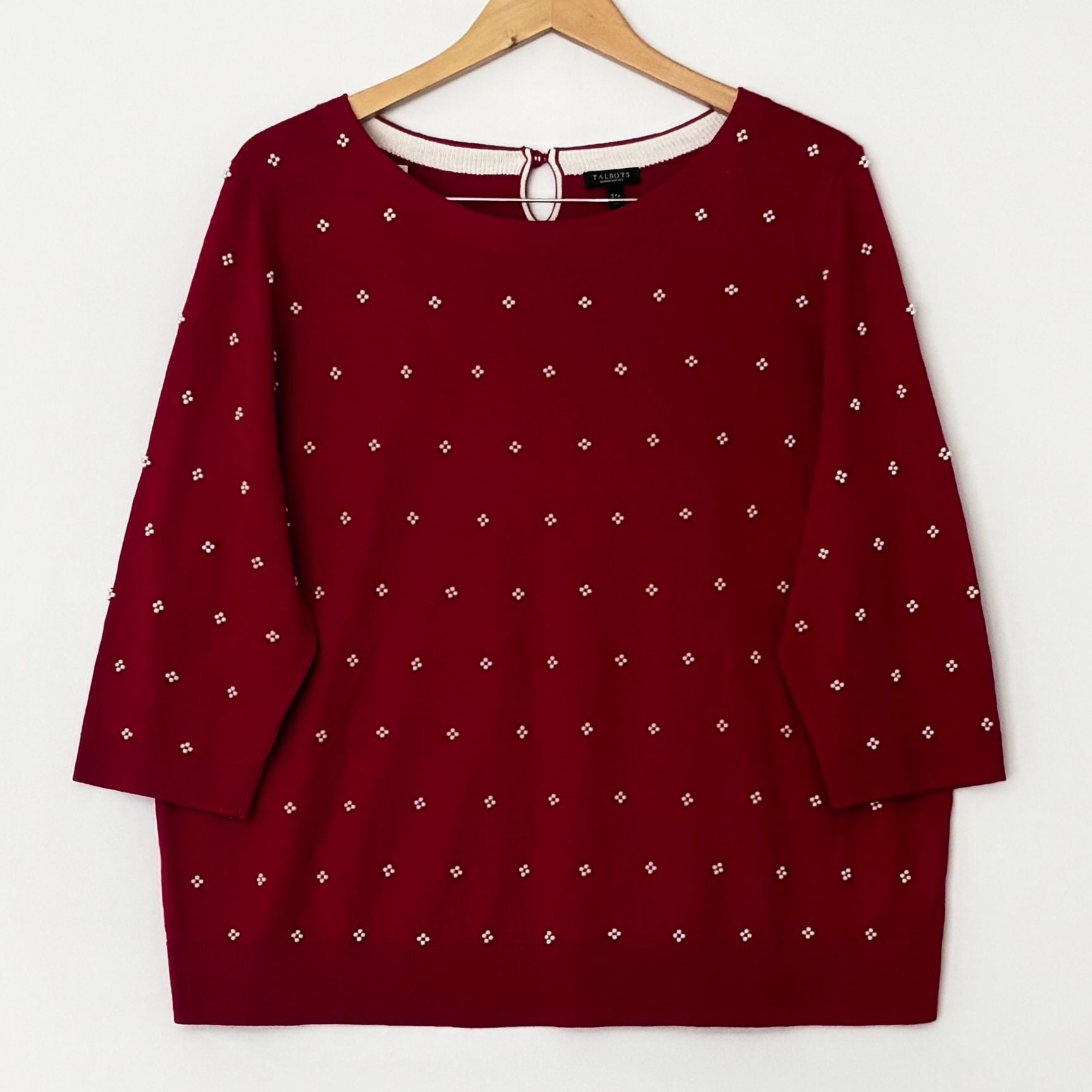 Talbots Women Petites 3Xp Red Pearl Embellished Sweater 2