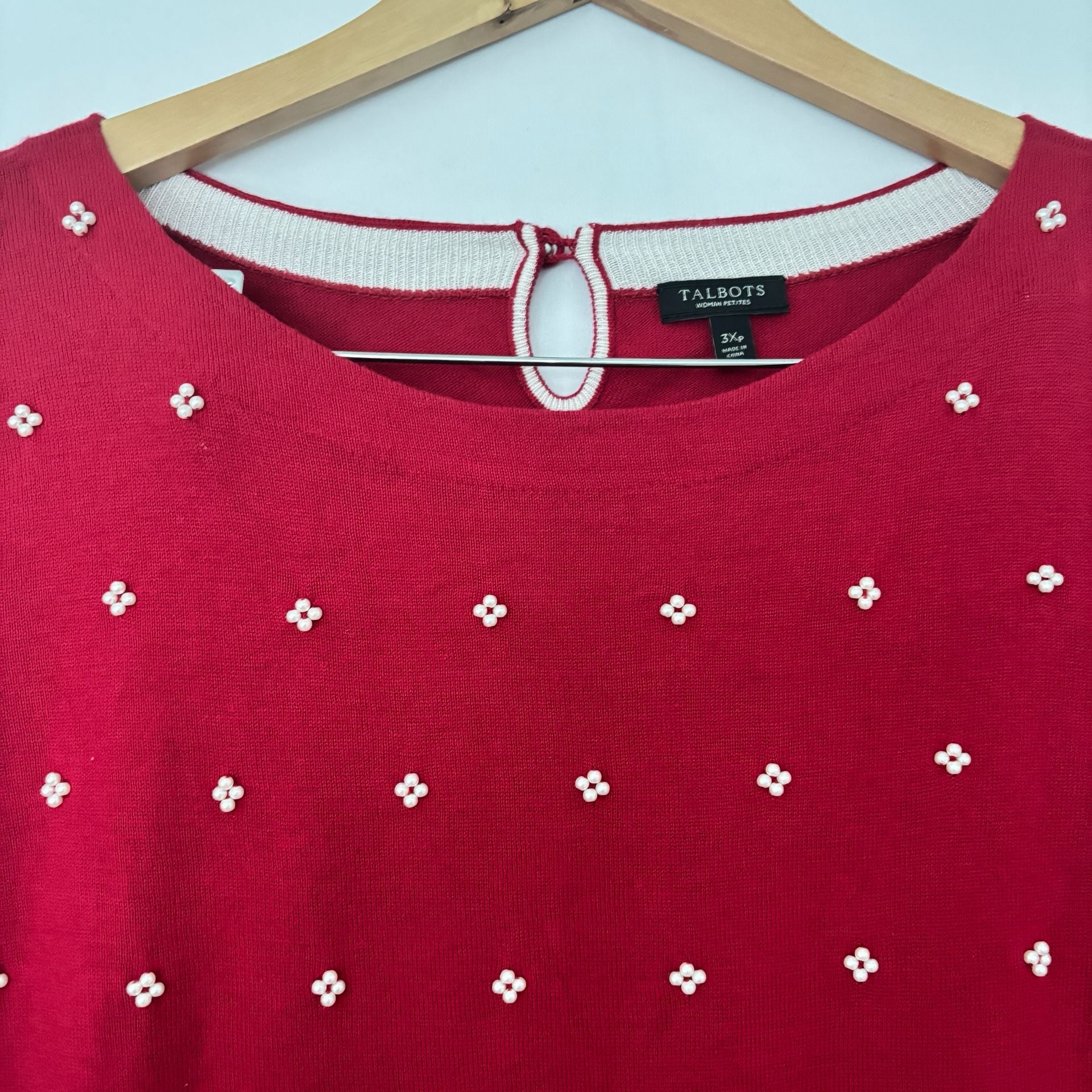Talbots Women Petites 3Xp Red Pearl Embellished Sweater 5