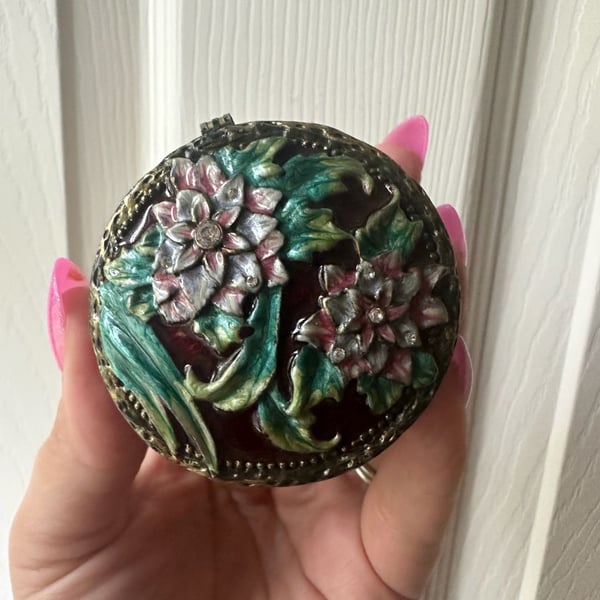 Vintage Floral Enamel Trinket Box with Rhinestone Accents
