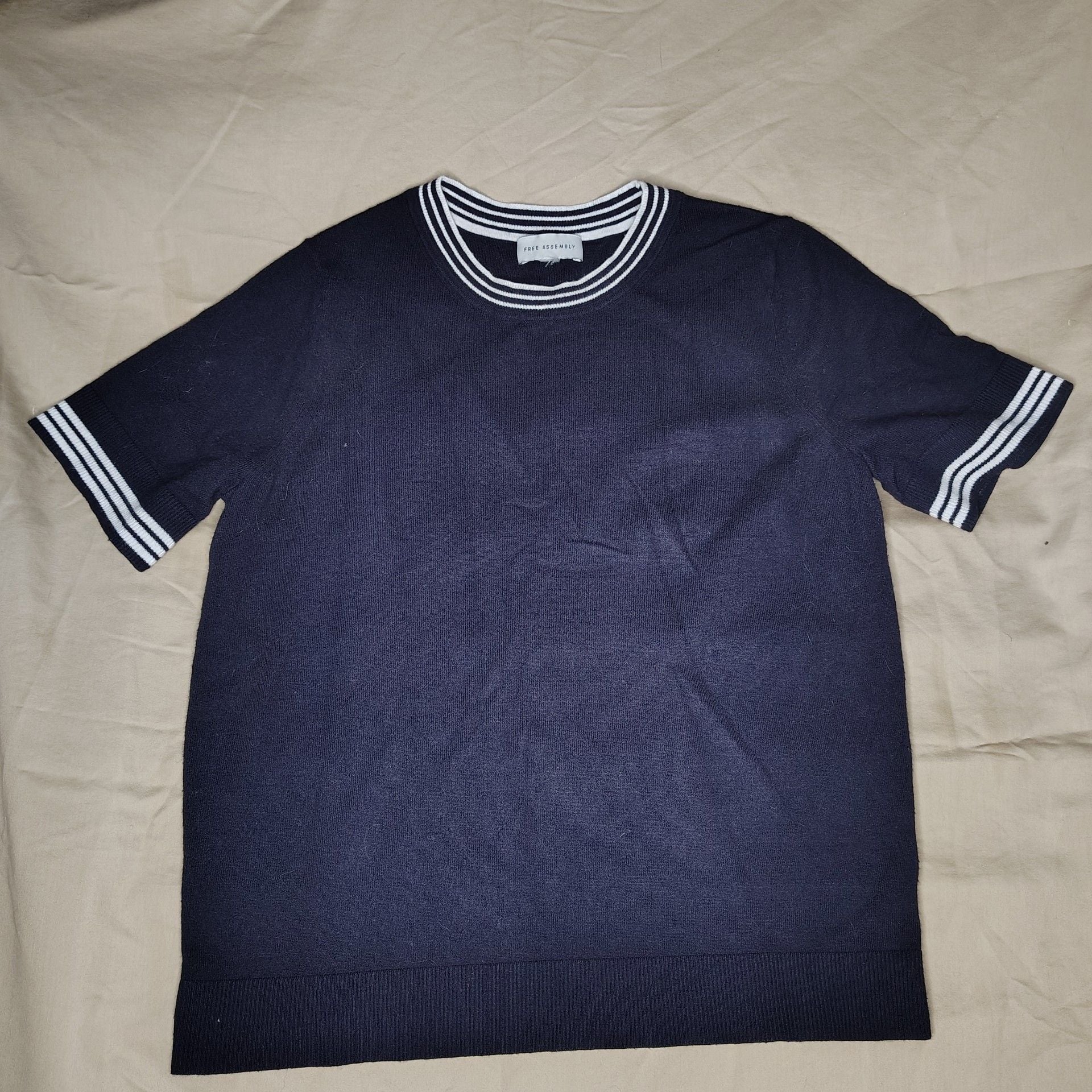 Free Assembly Preppy/sporty Navy Blue Striped Trim Short Sleeve Knit Sweater 2