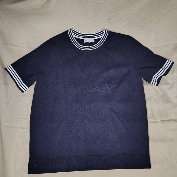 Free Assembly Preppy/sporty Navy Blue Striped Trim Short Sleeve Knit Sweater