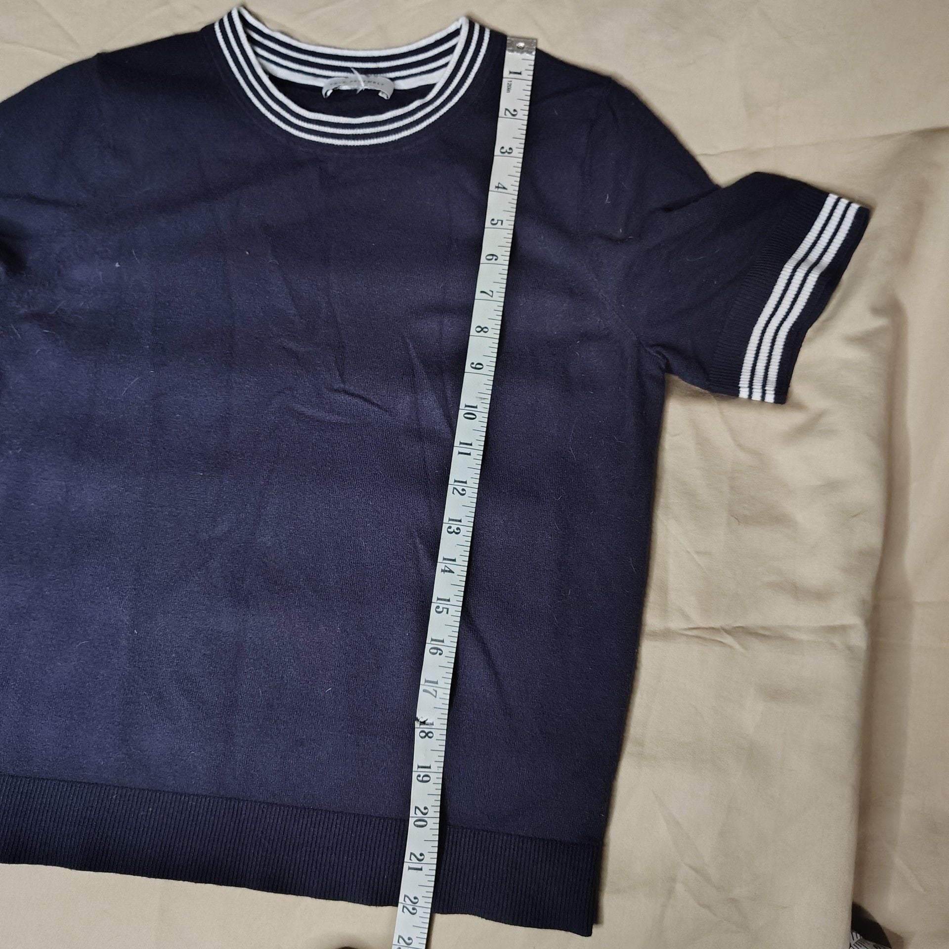 Free Assembly Preppy/sporty Navy Blue Striped Trim Short Sleeve Knit Sweater 9