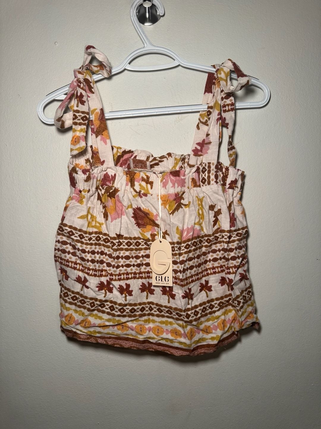 GLG Good Luck Gem Floral Print Tie Strap Tank Top Size S 2