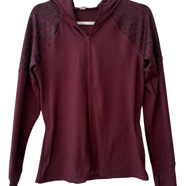Nova Sport Women's Full Zip Hooded Athletic Jacket Burgundy Leopard Print