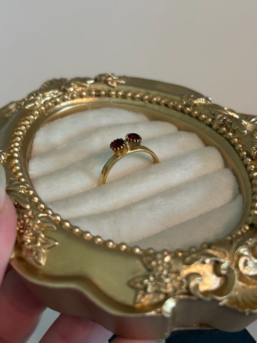 Vintage Sarah Cov Two-Stone Red Glass Bypass Ring Adjustable 3