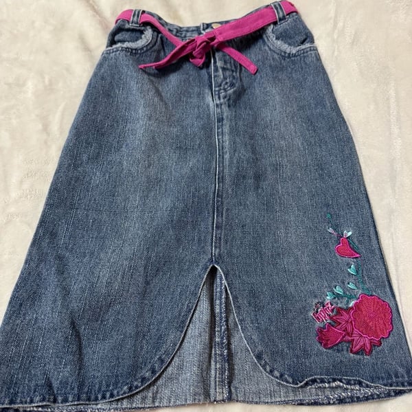 Bratz Girls Denim Skirt Size 6/6X Embroidered Floral Tie Waist