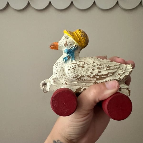 Miniature Pull Duck by Annie Schickel Collection 4" Tall x 5" Wide