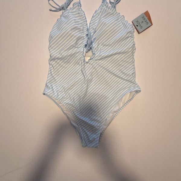 Shade & Shore Blue and White Striped Ruffle One-Piece Swimsuit XL (16)