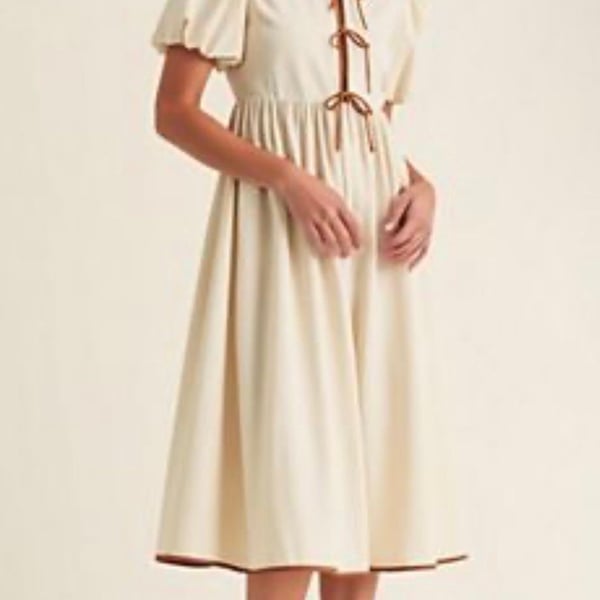 EB Luxe Apron Neck Midi Dress With Corset Waist in Natural