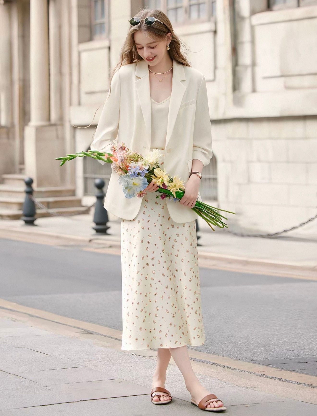 NWT Elegant 3-Piece Suit Set Blazer Tank Floral Long Skirt L 2
