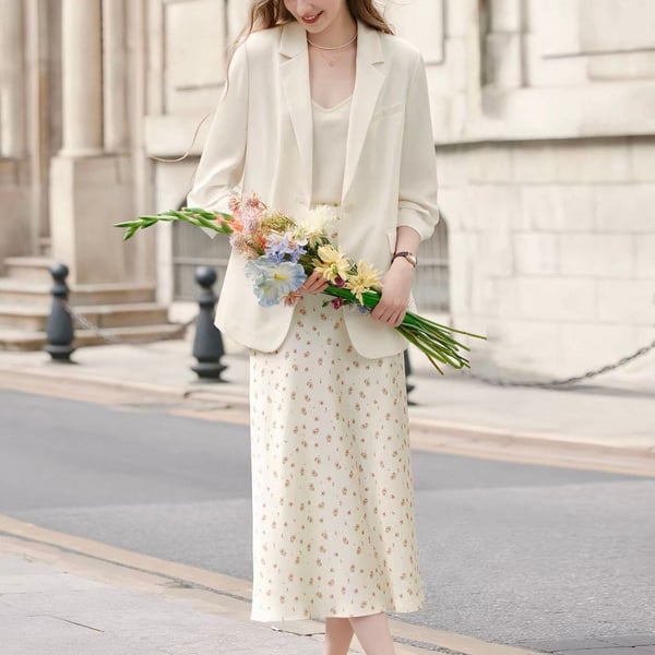 NWT Elegant 3-Piece Suit Set Blazer Tank Floral Long Skirt L