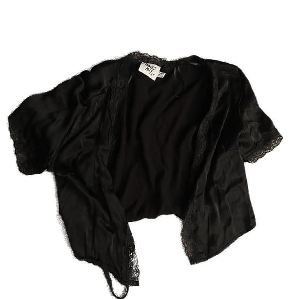 Princess Polly Black Satin Lace Trim Tie Front Shrug Size US 6