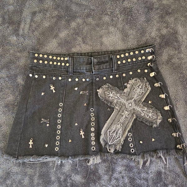 Y2K punk rock Black Denim Studded Cross Mini Skirt