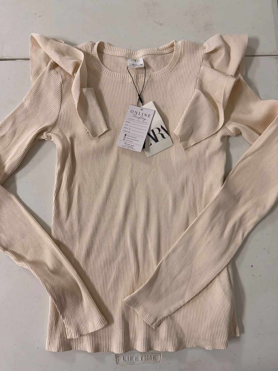 Zara Girls Ribbed Ruffle Shoulder Long Sleeve Top Cream Size 13-14 2