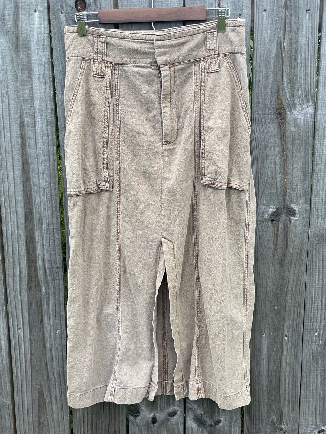 Free People Linen Cotton Blend Midi Skirt with Front Slit Sz M 2