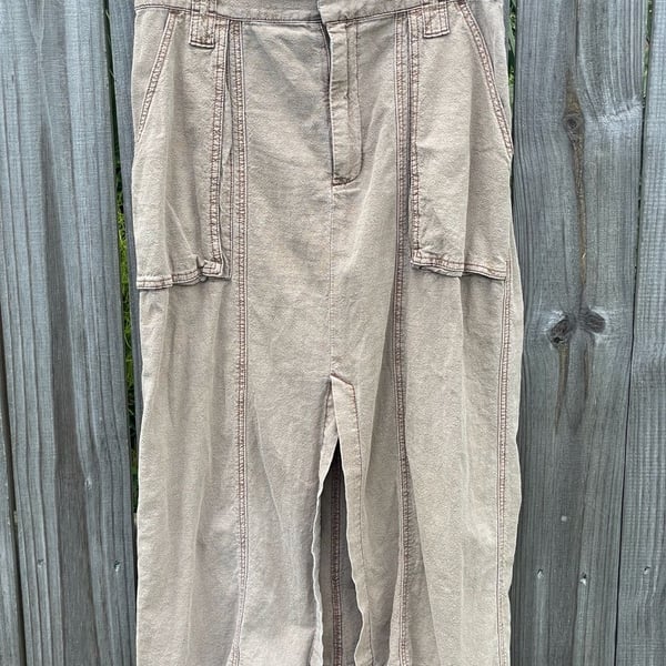 Free People Linen Cotton Blend Midi Skirt with Front Slit Sz M